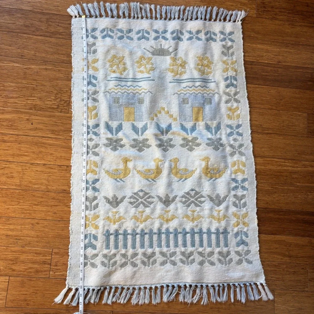 Vintage Folk Art Handwoven Rug | Blue, Yellow, Ducks | 26x40 + Fringe